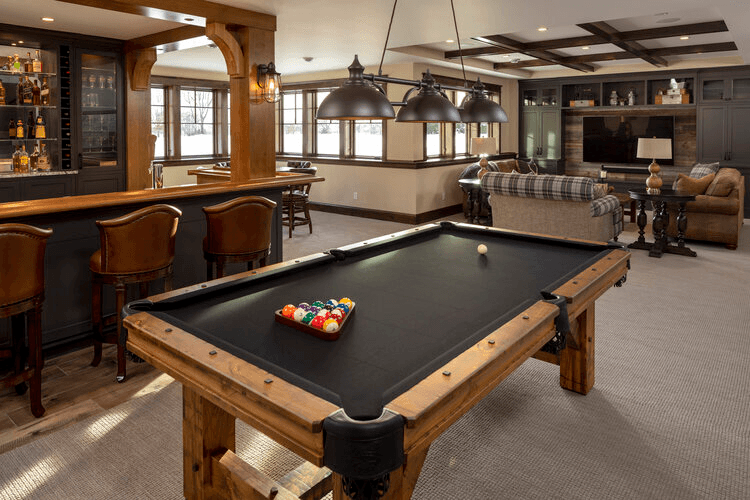 Pool table with surrounding wood work